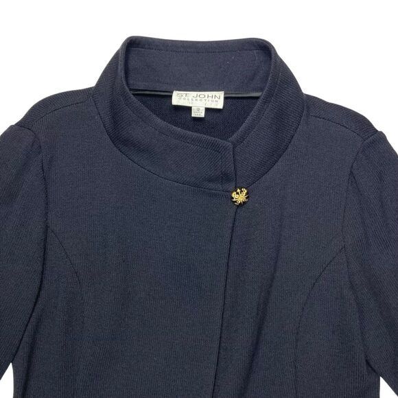 St. John Collection Jacket Women 12 Black Knit Silk Floral Trim Mock Neck Blazer - Picture 2 of 16